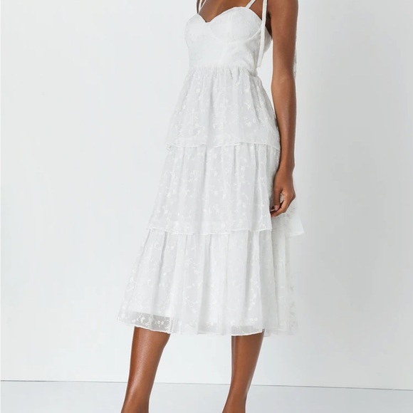 Lulus dress: Vineyard Visit White Embroidered Tie-Strap Tiered Midi Dress - Picture 1 of 2